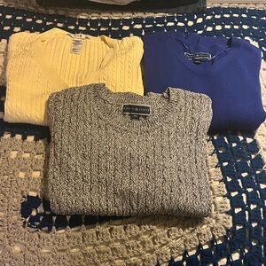 2 Karen Scott Blue and Gray Sweater and Yellow XXI sweater.